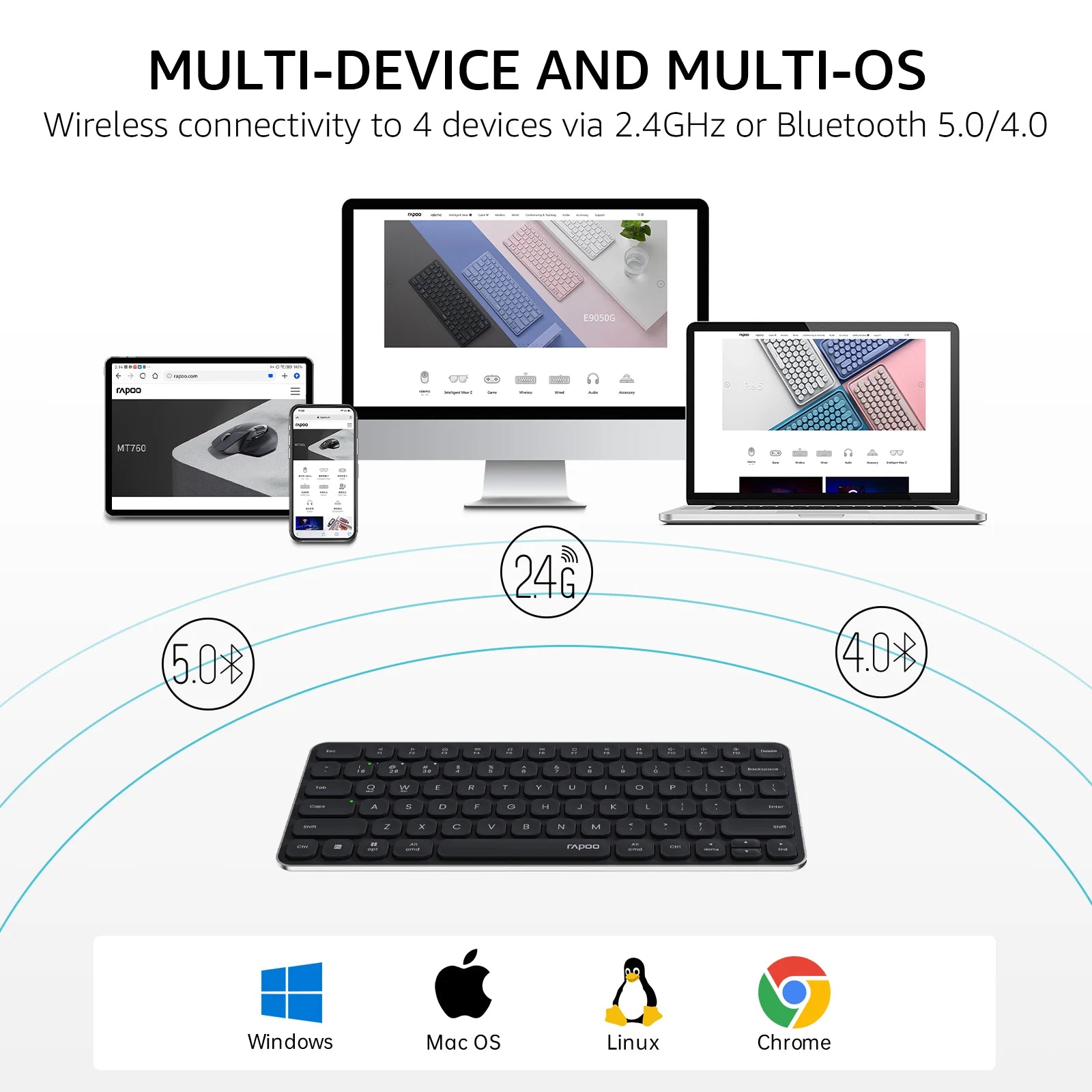 Rapoo E9050L / E9350L / E9550L  Multi-Device Wireless Keyboard  Blade-Series 78 /  99 / 110 Key Ultra-Thin Keyboard 2.4G / Bluetooth Support 4 Devices Low-Profile Al-Alloy Frame Quiet Typing Rechargeable Compatiable for Windo