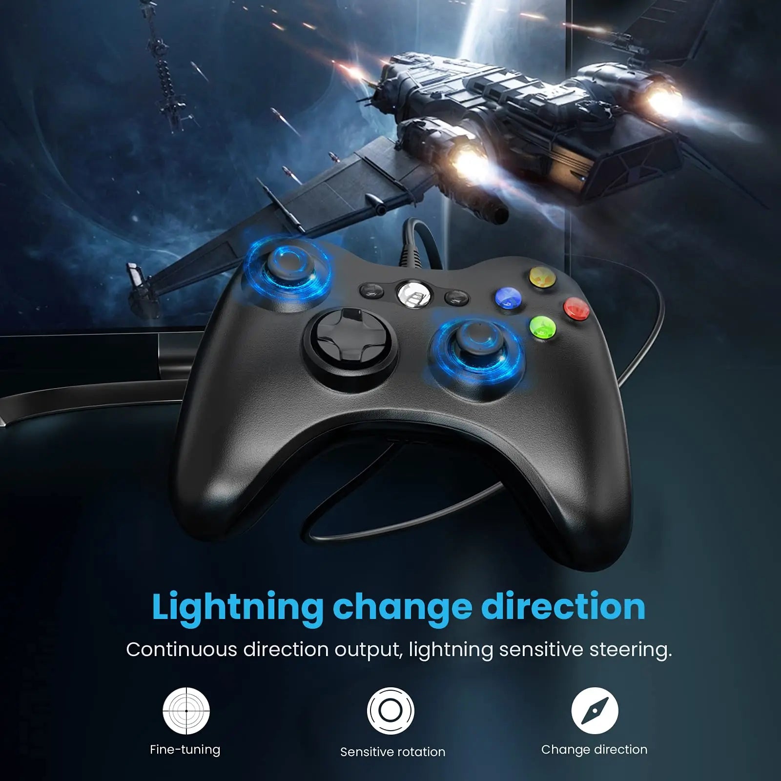 Wired Gamepad For Xbox 360 Game Controller with Dual-Vibration Turbo Compatible with Xbox 360/360 Slim and PC Window Joystick